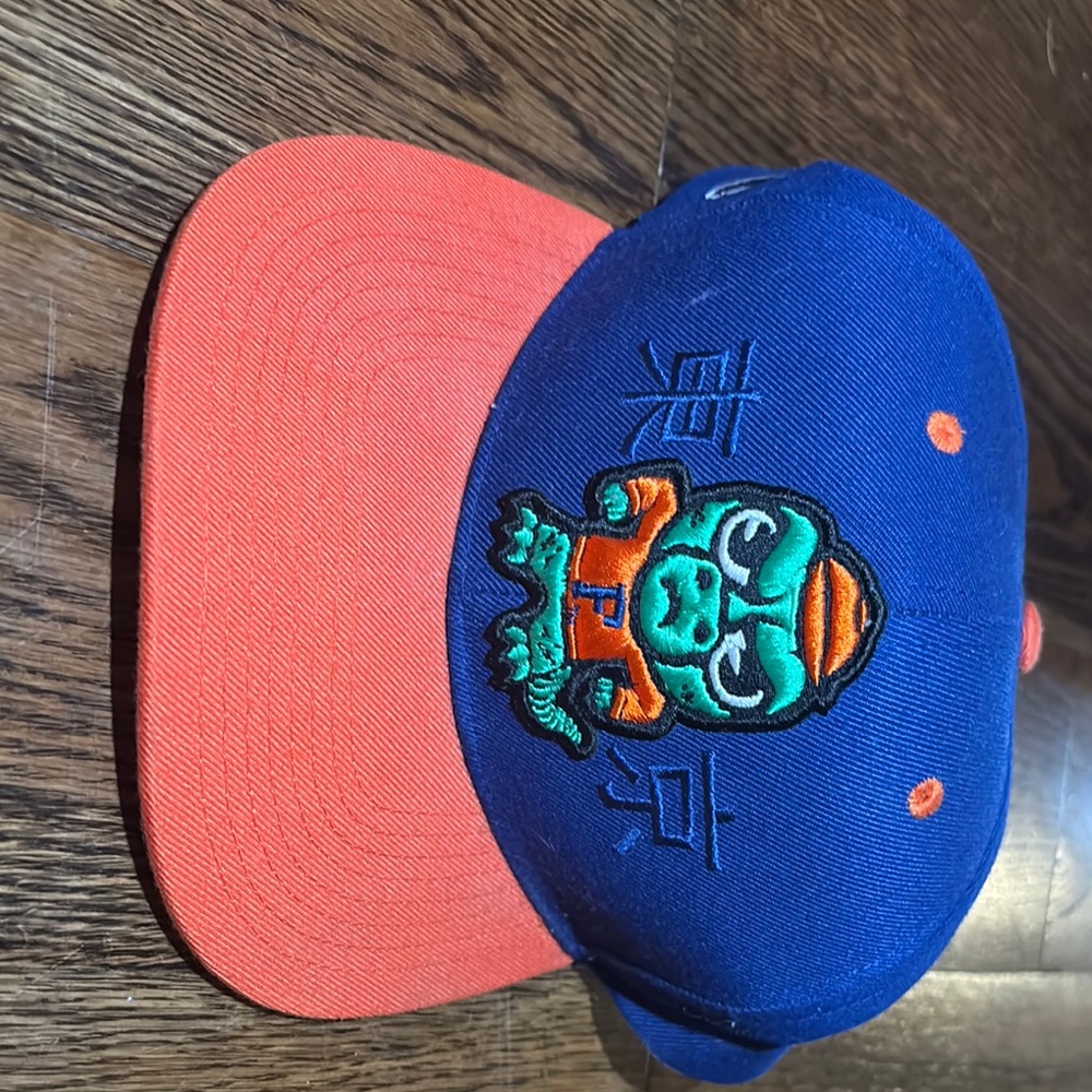 Zephyr Blue and Orange Hat with Embroidered Design